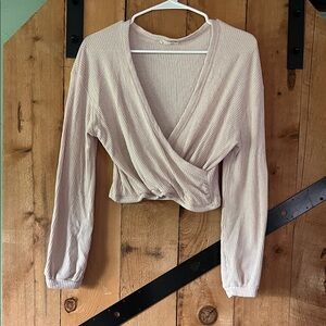 Ribbed Surplice Long-Sleeve Top in Light Mauve